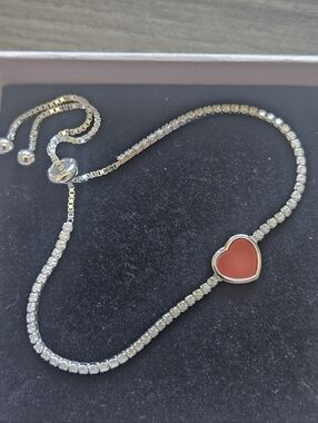 925 Sterling Silver Adjustable Tennis Bracelet with Red Heart Accent